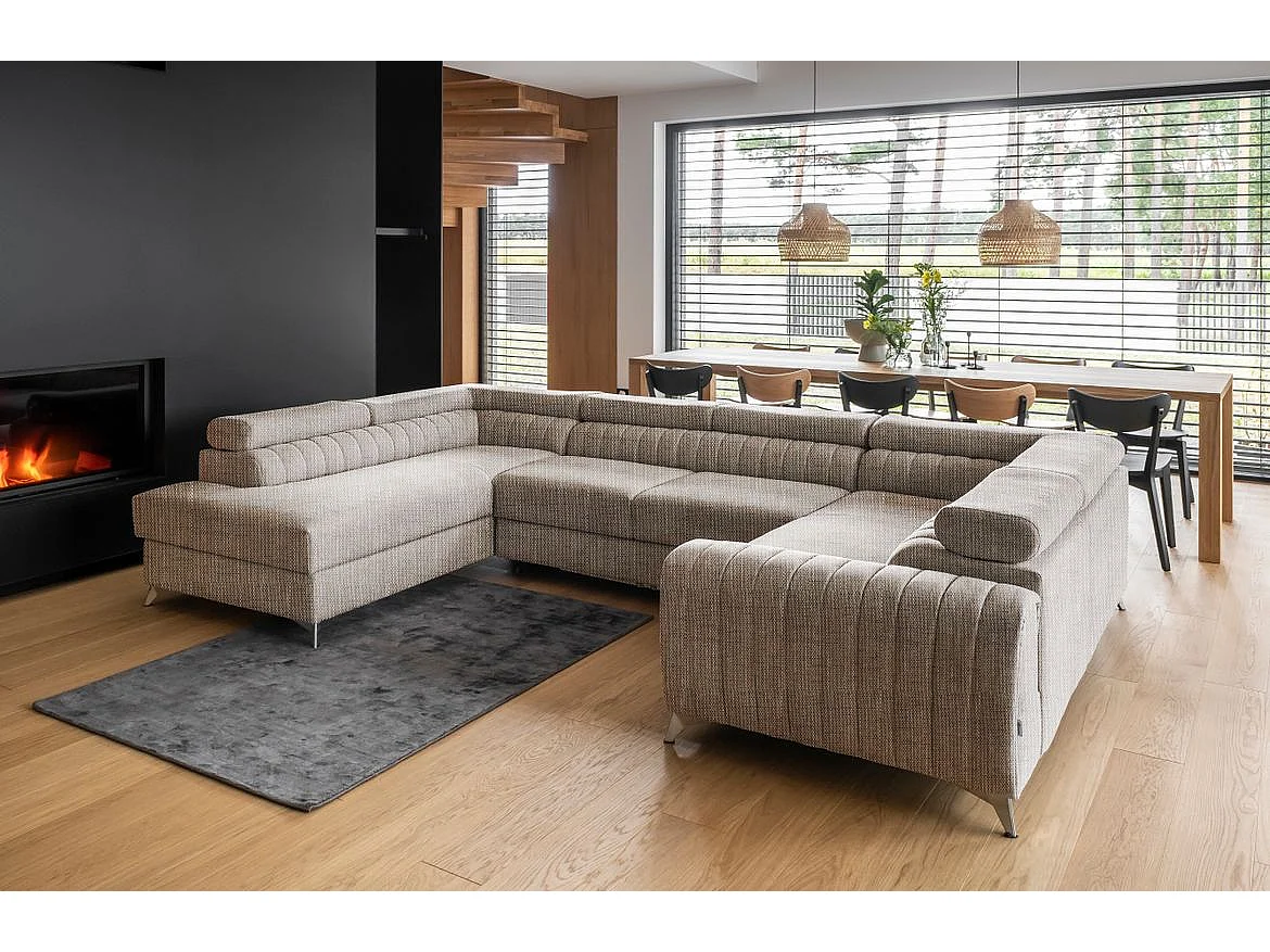 Canapé panoramique convertible tissu beige chiné avec coffre de rangement Louve 340cm-Coffre de rangement à gauche