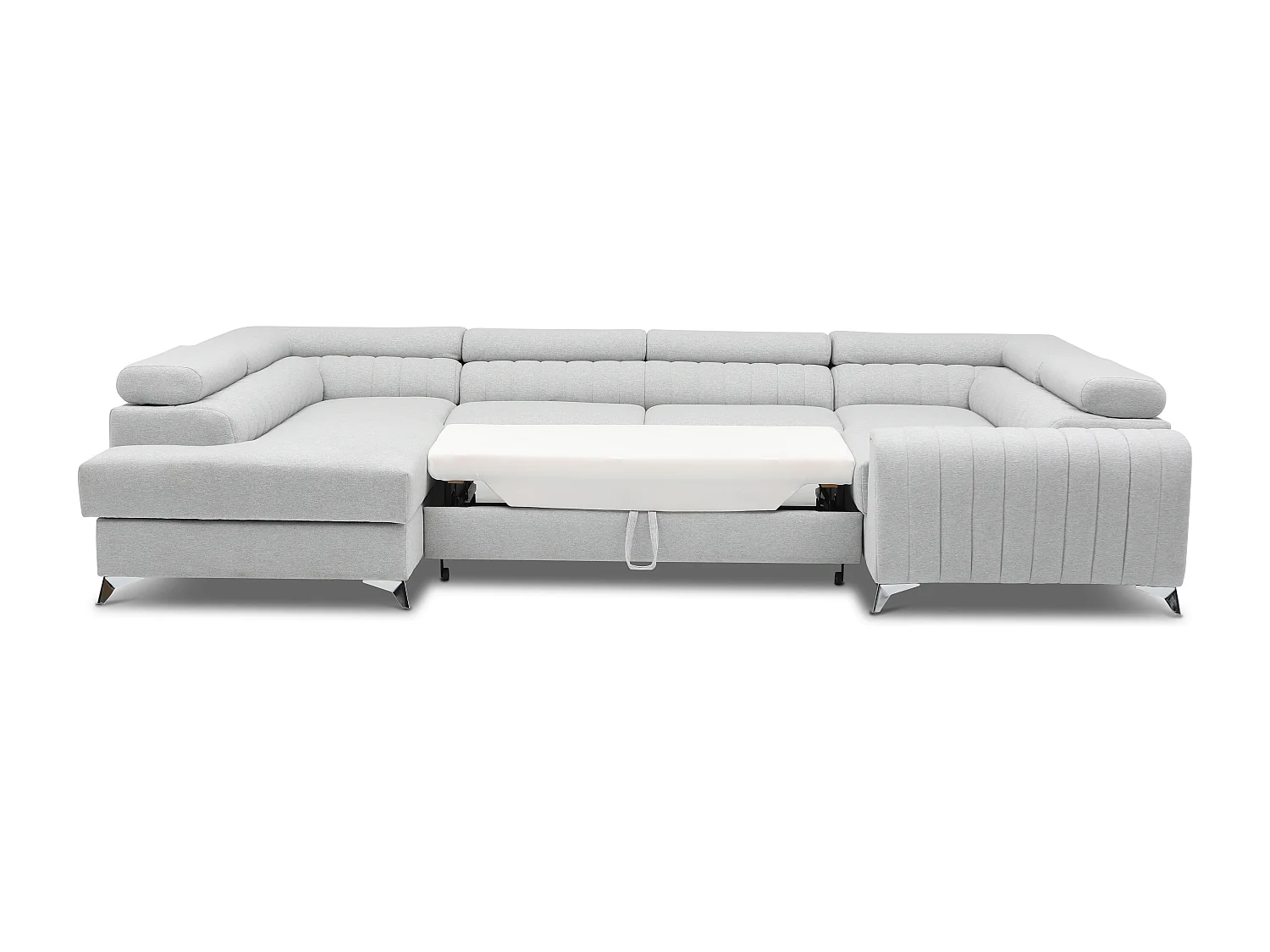 Canapé panoramique convertible tissu beige chiné avec coffre de rangement Louve 340cm-Coffre de rangement à gauche