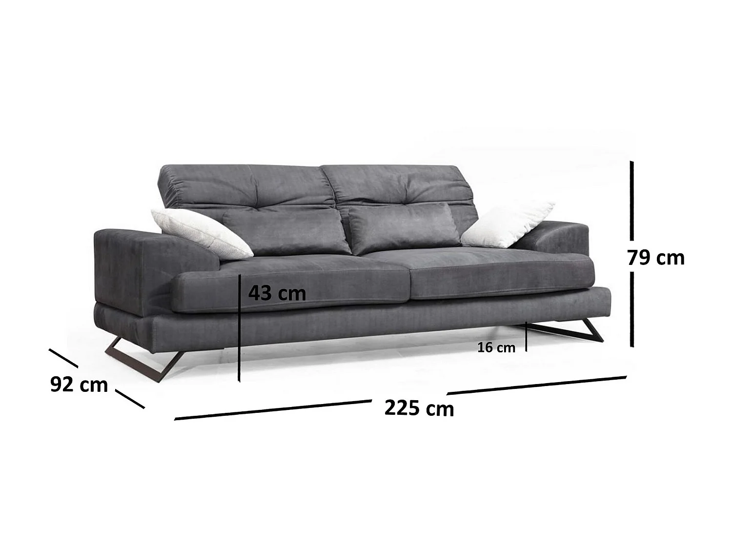 Canapé 3 places velours anthracite avec têtières relevables et pieds metal noir Briko 225cm