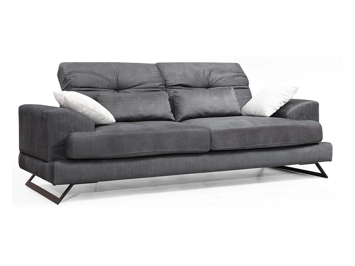 Canapé 3 places velours anthracite avec têtières relevables et pieds metal noir Briko 225cm