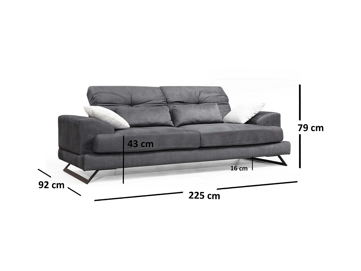 Canapé 3 places velours anthracite avec têtières relevables et pieds metal noir Briko 225cm