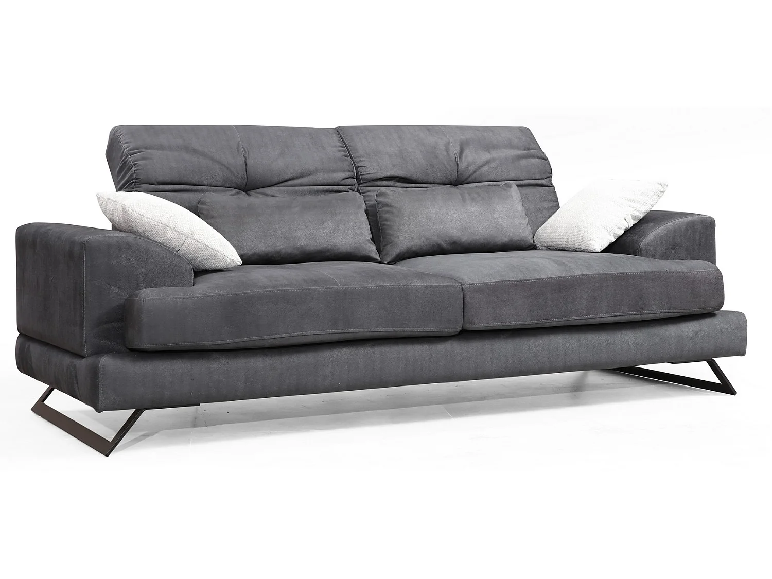 Canapé 3 places velours anthracite avec têtières relevables et pieds metal noir Briko 225cm