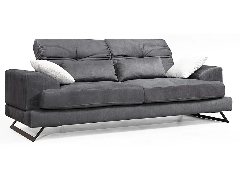 Canapé 3 places velours anthracite avec têtières relevables et pieds metal noir Briko 225cm