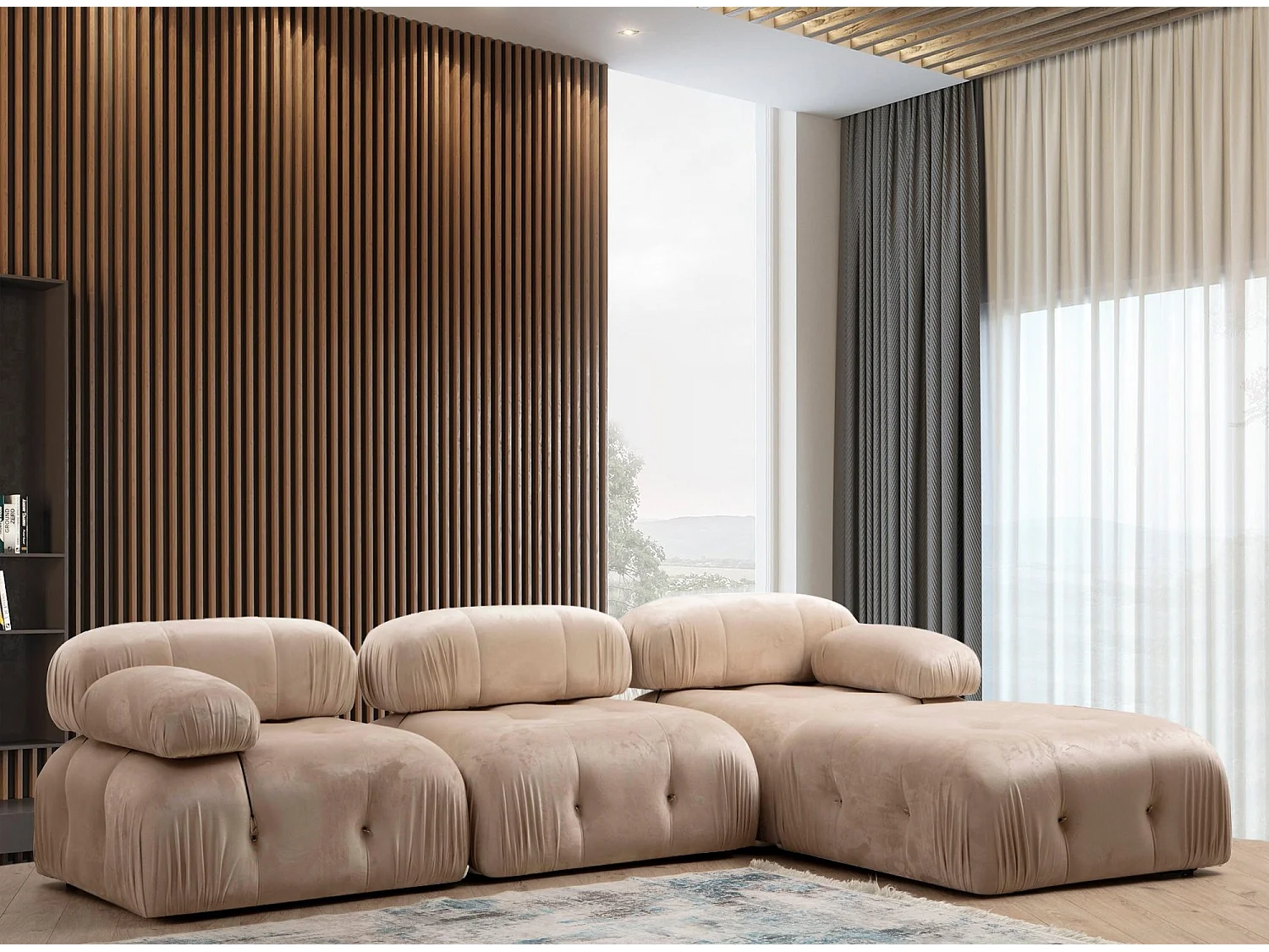 Canapé d'angle modulable velours Bubble-Couleur Beige clair