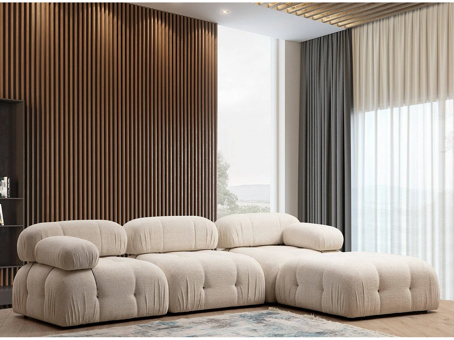 Canapé d'angle modulable velours Bubble-Couleur Crème