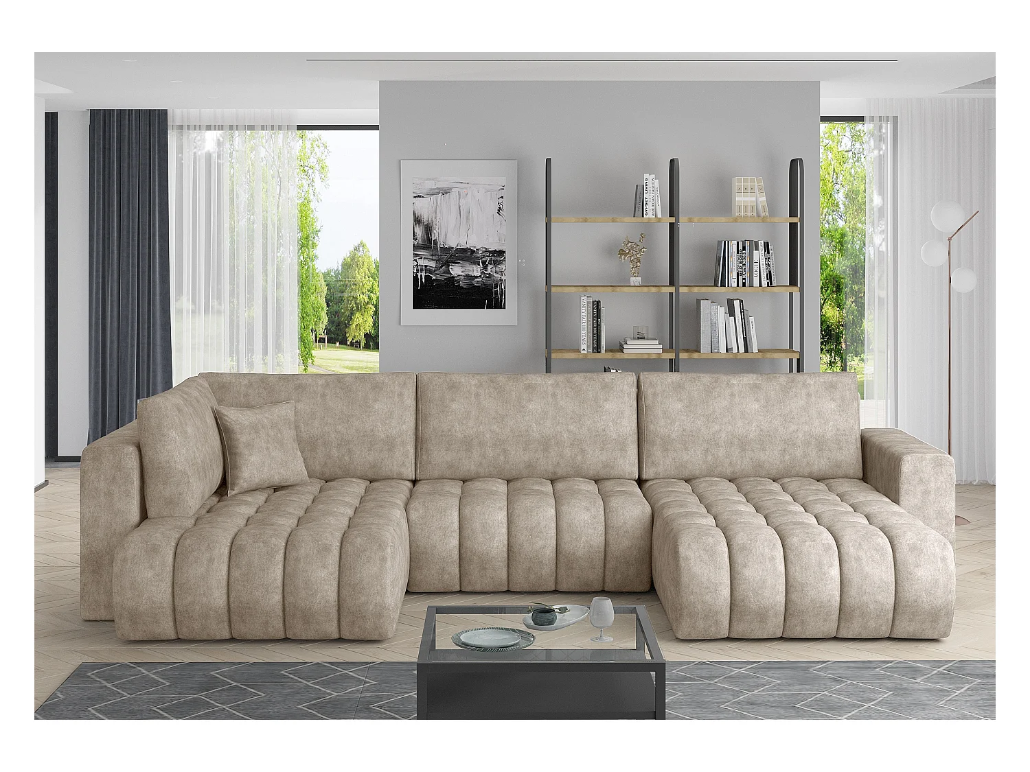 Canapé panoramique convertible design capitonné tissu effet cuir beige clair méridienne droite Boston 350cm