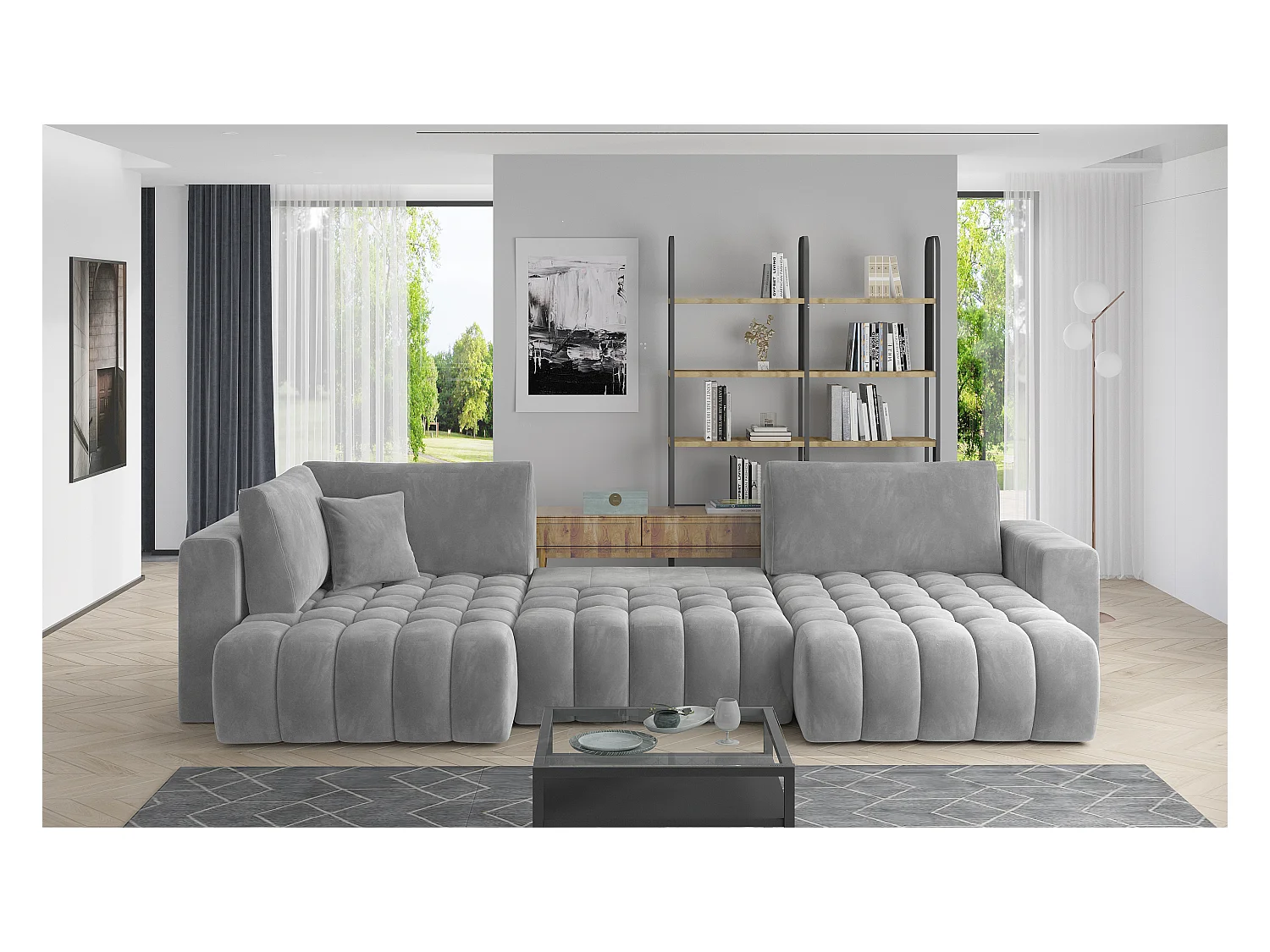 Panoramische converteerbare designbank gewatteerd lichtbeige ledereffect stof rechts chaise longue Boston 350 cm
