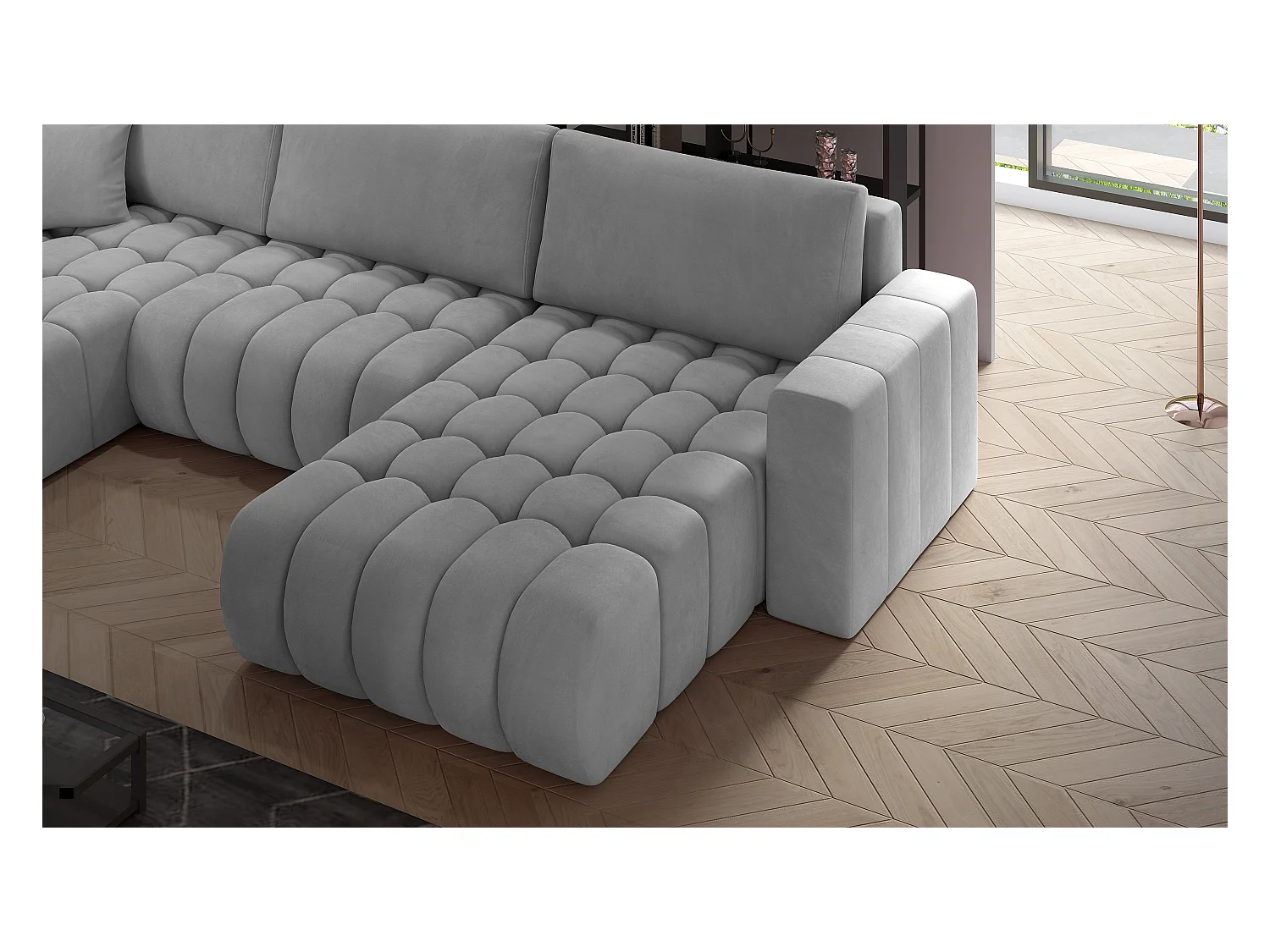 Panoramische converteerbare designbank gewatteerd lichtbeige ledereffect stof rechts chaise longue Boston 350 cm