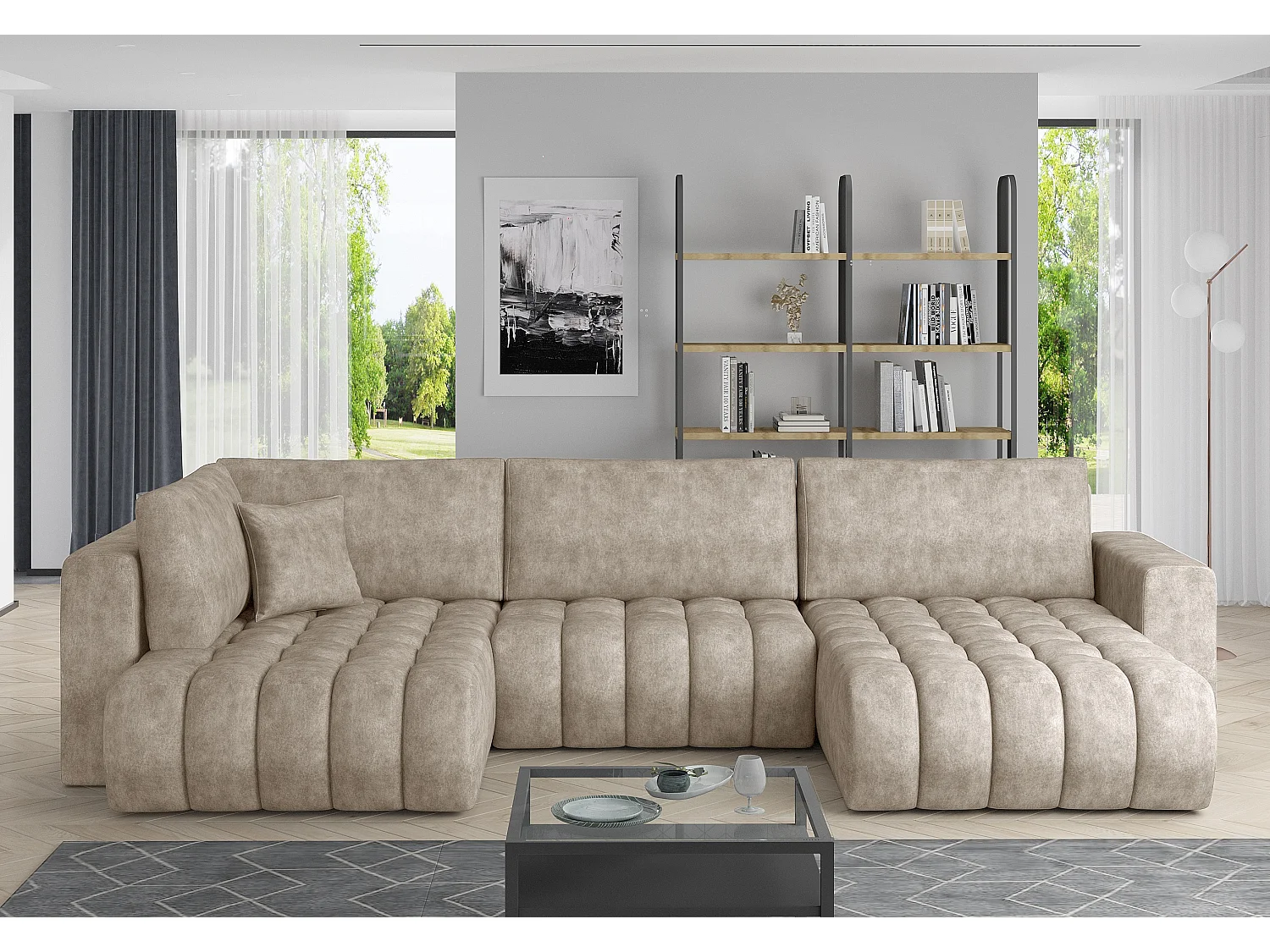 Canapé panoramique convertible design capitonné tissu effet cuir beige clair méridienne droite Boston 350cm