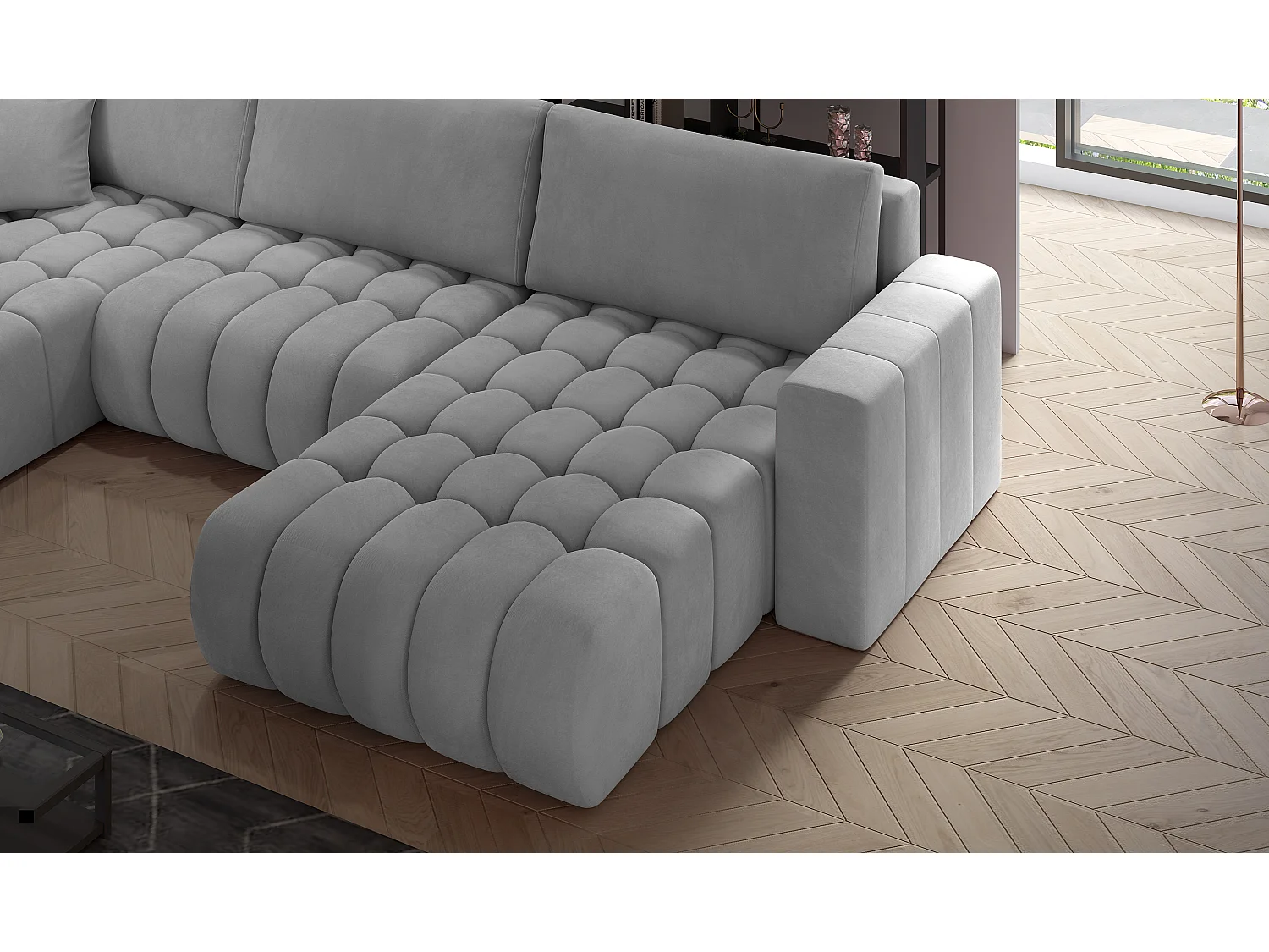 Canapé panoramique convertible design capitonné tissu effet cuir beige clair méridienne droite Boston 350cm