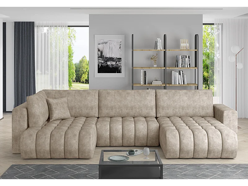 Canapé panoramique convertible design capitonné tissu effet cuir beige clair méridienne droite Boston 350cm