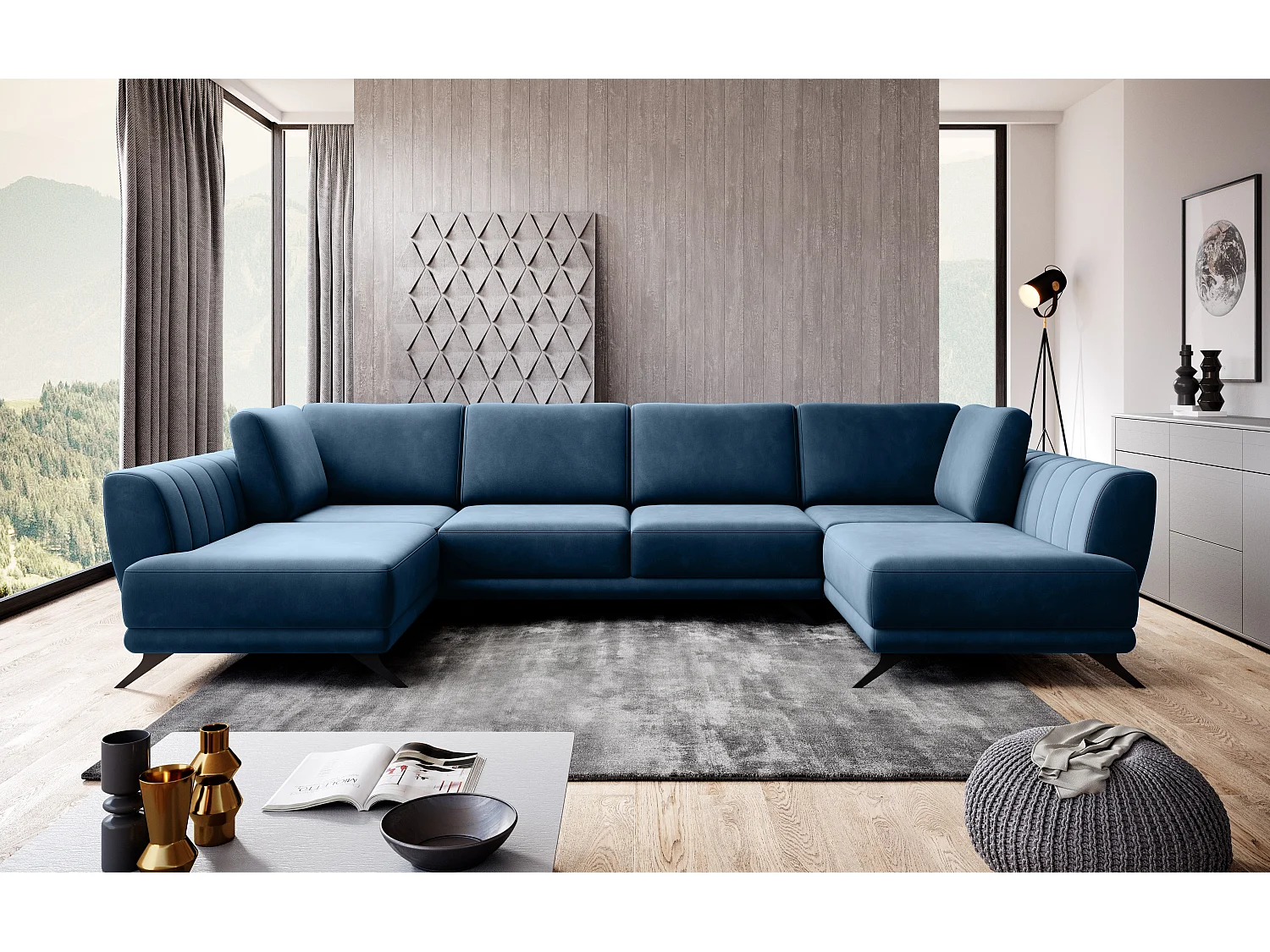 6-zits panoramische hoekbank in zachtblauwe stof Largos 362 cm