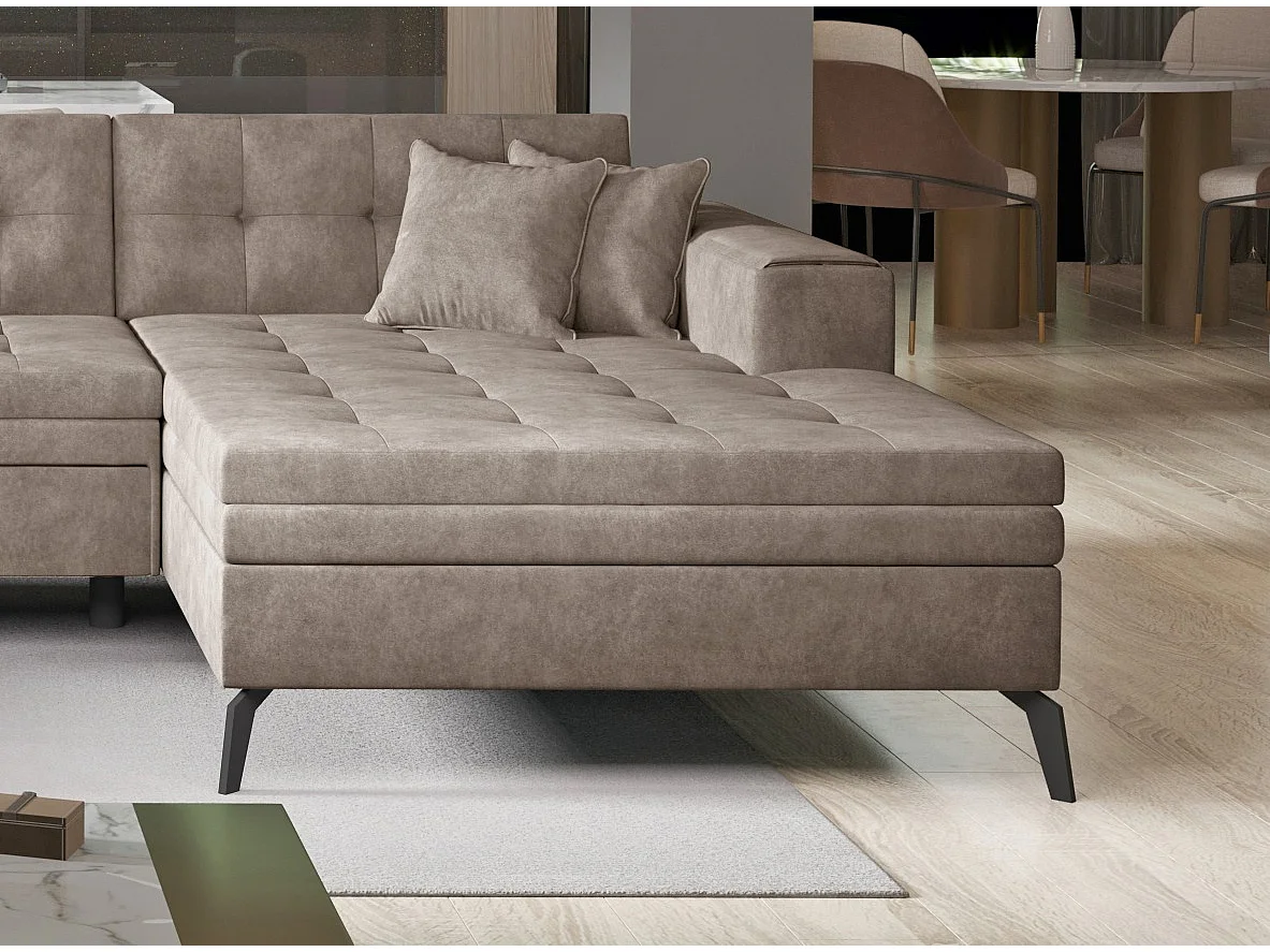 Canapé panoramique convertible tissu capitonné effet cuir marron Romy 350cm