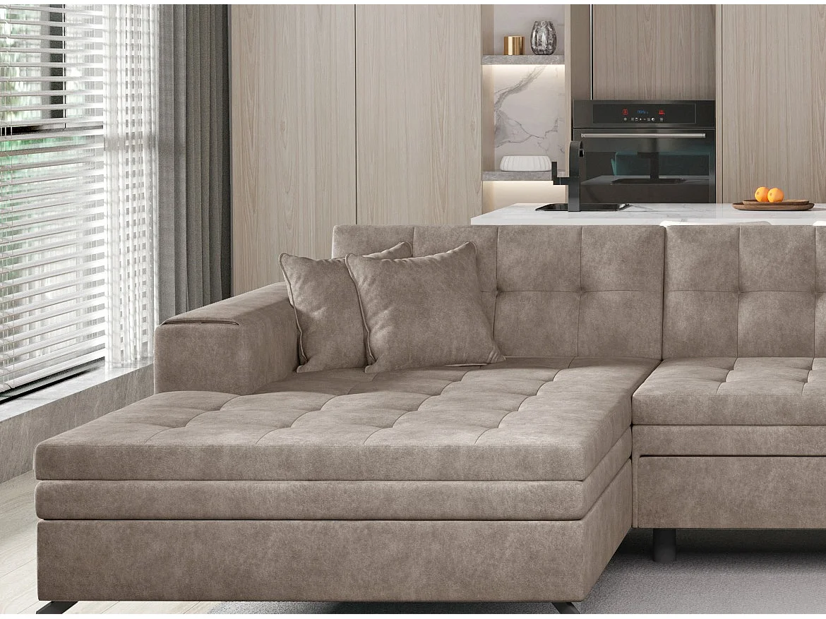 Canapé panoramique convertible tissu capitonné effet cuir marron Romy 350cm