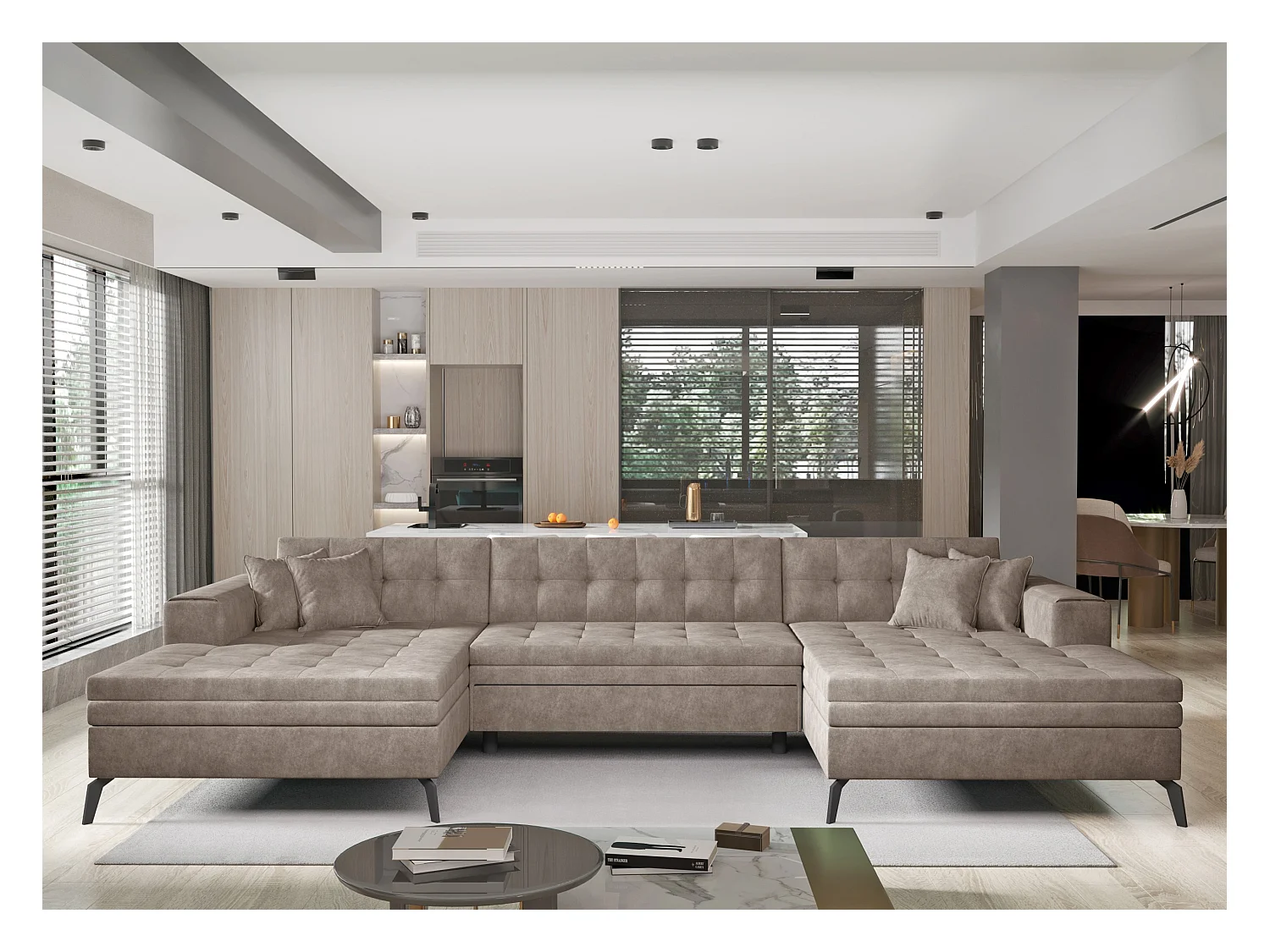 Canapé panoramique convertible tissu capitonné effet cuir marron Romy 350cm