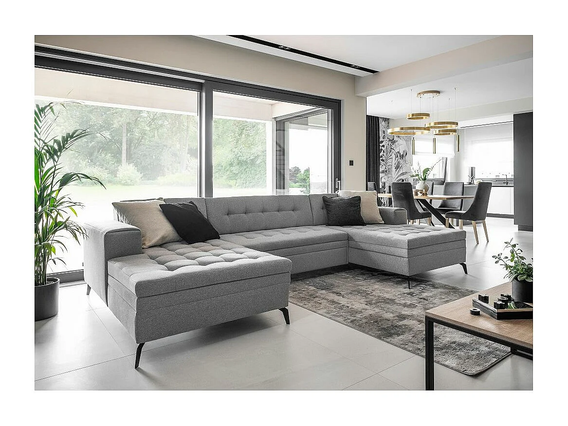 Canapé panoramique convertible tissu capitonné effet cuir marron Romy 350cm