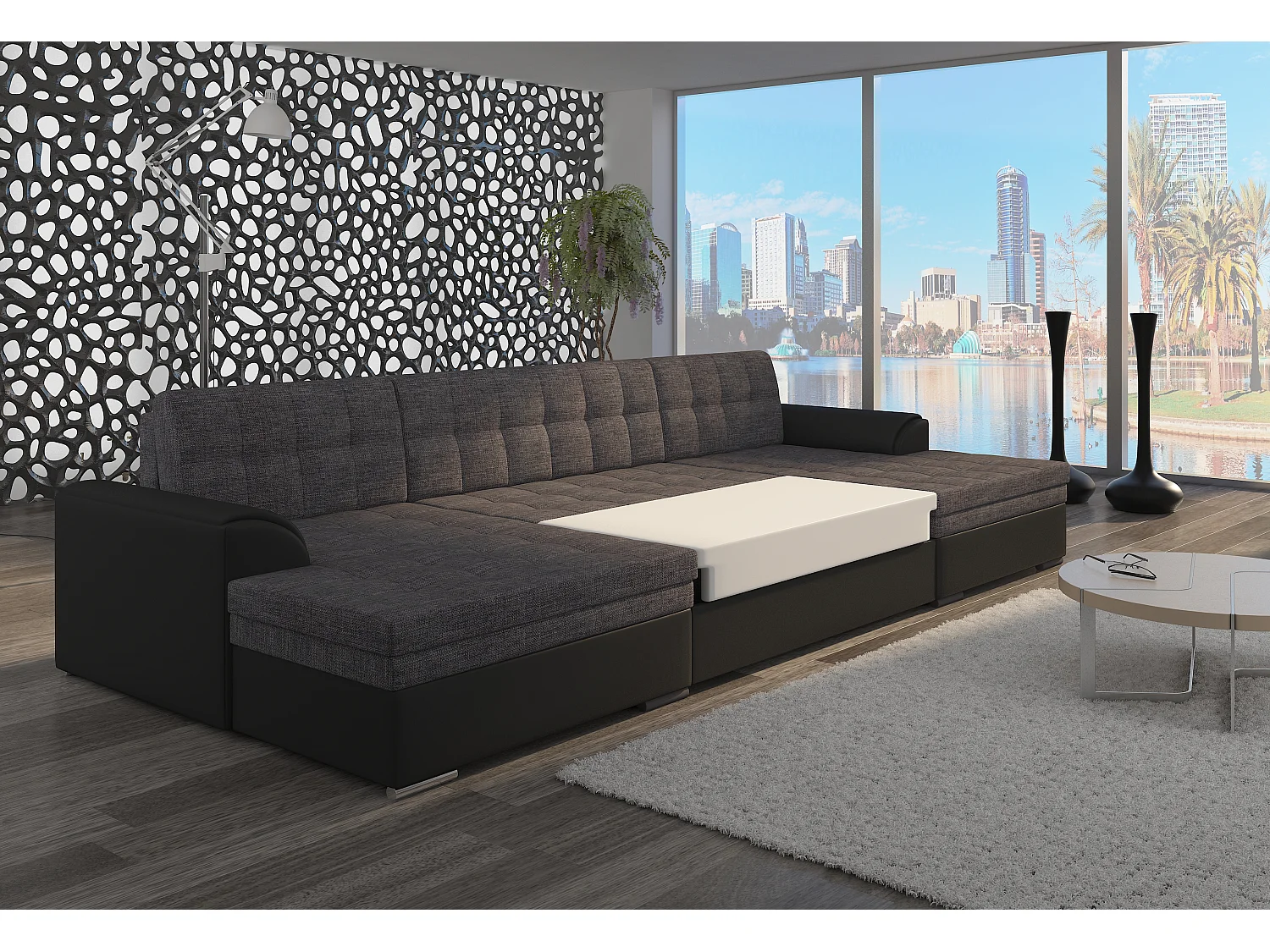 Grand canapé panoramique convertible tissu gris foncé Vira 359cm