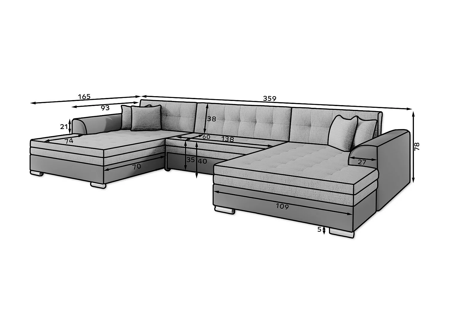 Grand canapé panoramique convertible tissu gris foncé Vira 359cm