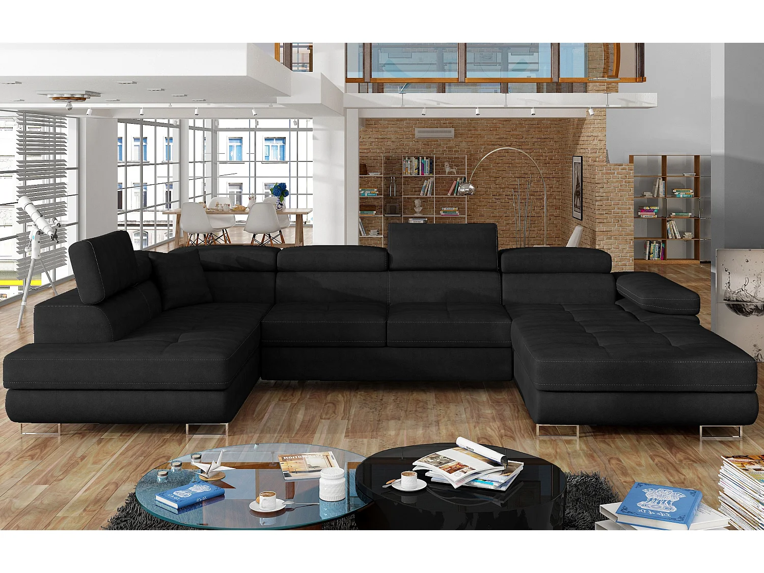 Canapé panoramique velours noir convertible avec coffre de rangement Romano 345cm-Coffre de rangement à gauche