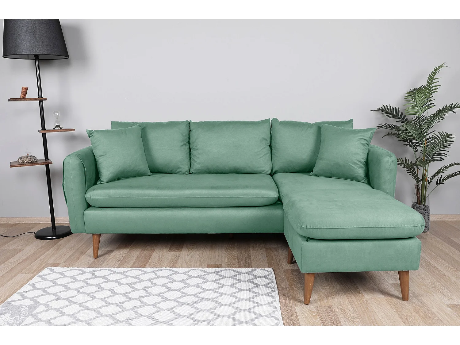 Canapé d'angle droit tissu vert d'eau avec pieds en bois naturel Rival 215cm