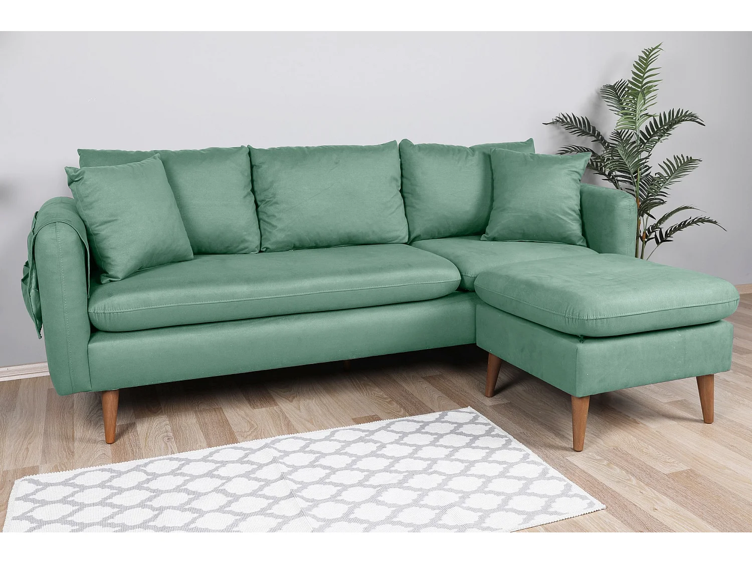 Canapé d'angle droit tissu vert d'eau avec pieds en bois naturel Rival 215cm