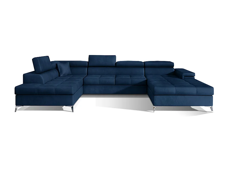 Canapé panoramique velours bleu foncé coffre de rangement à gauche Kutty 345cm