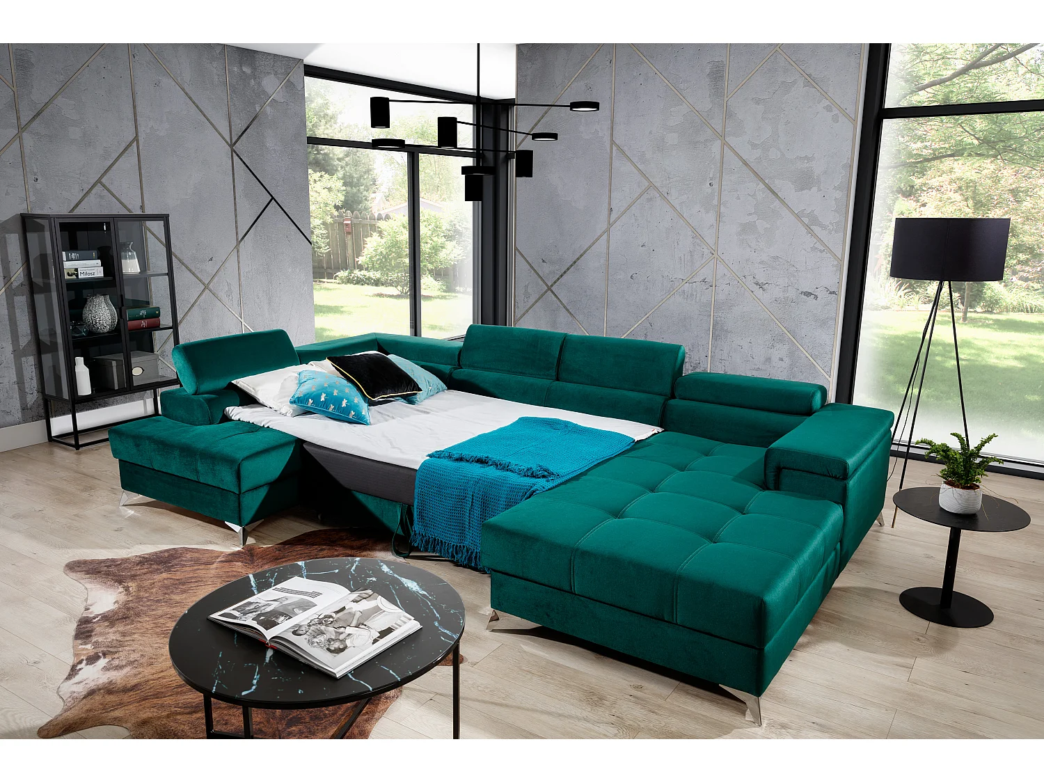 Canapé panoramique velours bleu foncé coffre de rangement à gauche Kutty 345cm