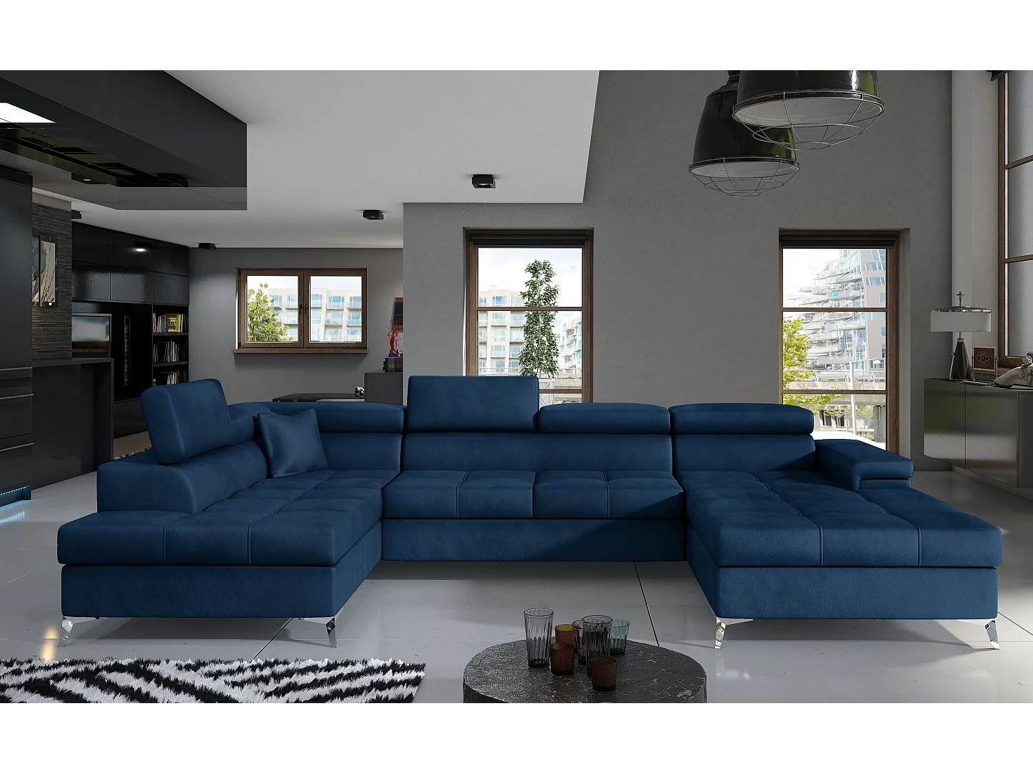 Canapé panoramique convertible KUTTY velours - Rangement et têtières réglables-Bleu foncé-Coffre à gauche