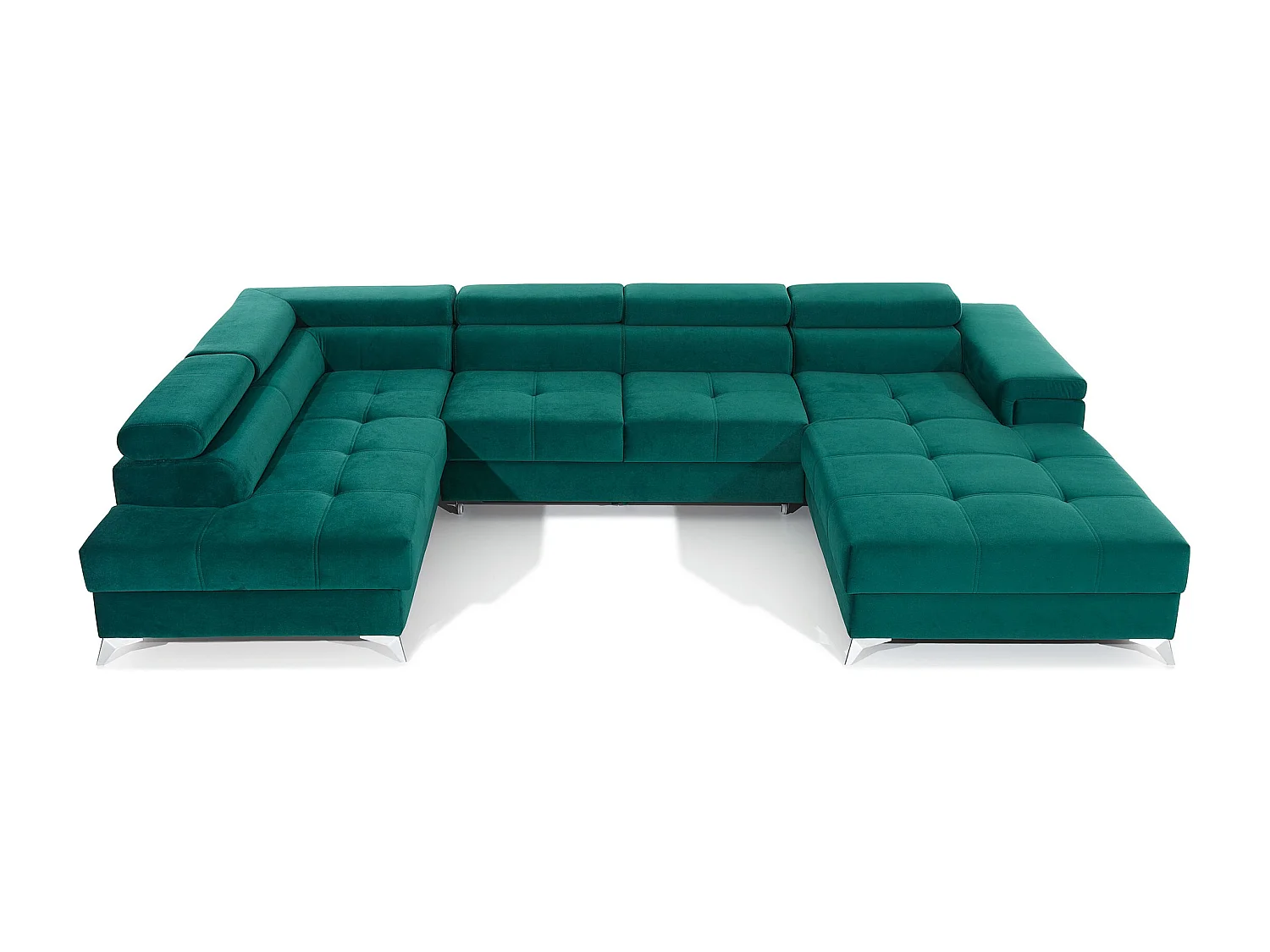 Canapé panoramique convertible KUTTY velours - Rangement et têtières réglables-Bleu foncé-Coffre à gauche