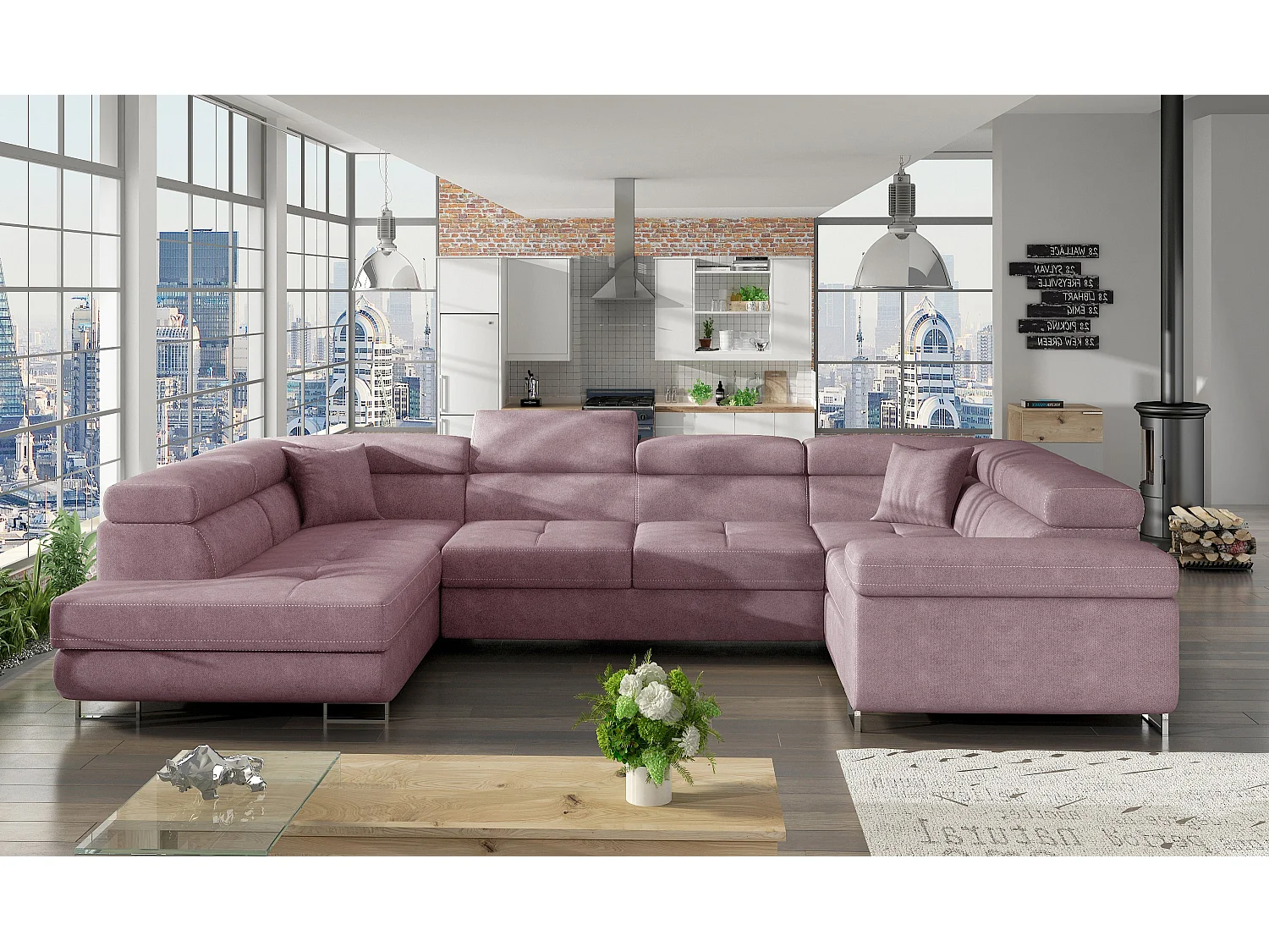 Linker U slaapbank in roze stof met Tovy opbergdoos 340 cm