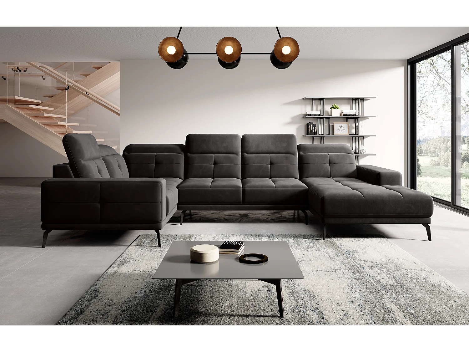 Panoramische bank design zwarte stof linkerhoek hoofdsteunen met armleuning Stan 350 cm