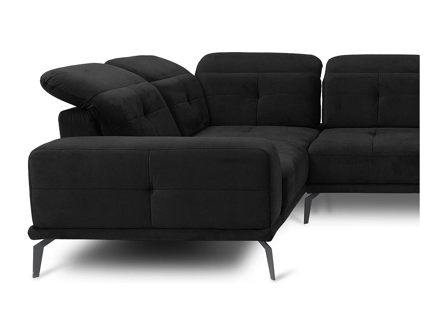 Canapé panoramique design tissu noir têtières angle gauche avec accoudoir Stan 350cm