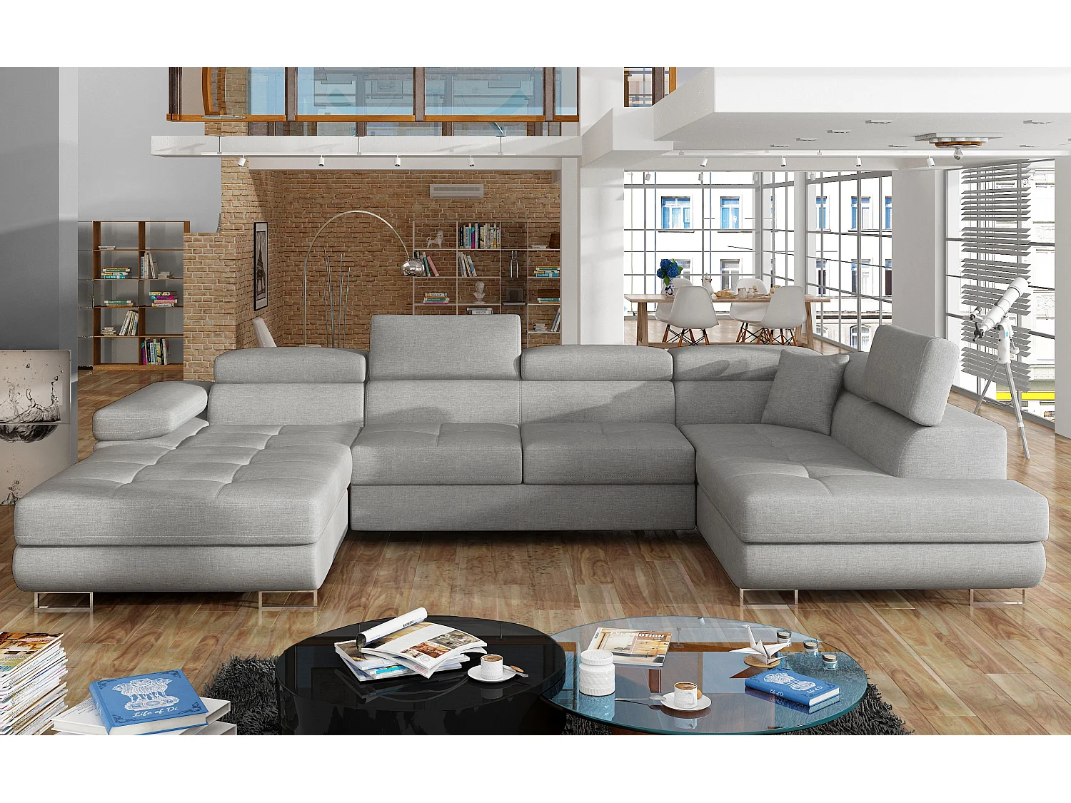 Canapé panoramique tissu gris clair convertible avec coffre de rangement Romano 345cm-Coffre de rangement à droite