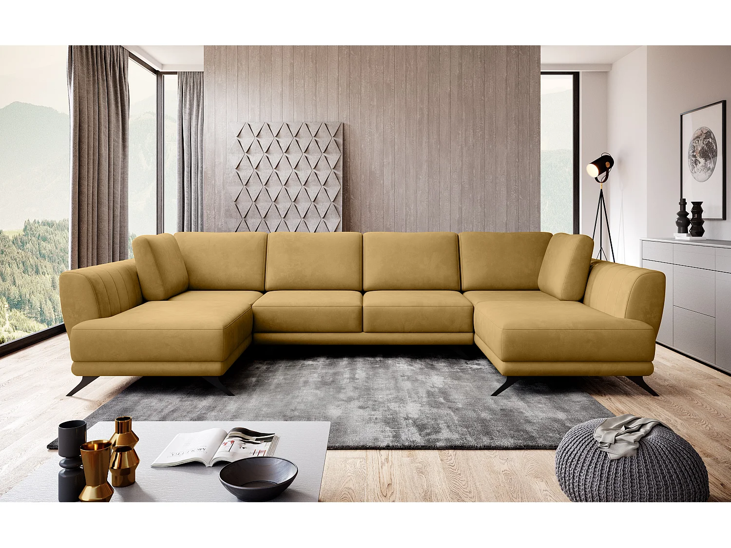 Canapé d'angle panoramique 6 places tissu jaune Largos 362cm