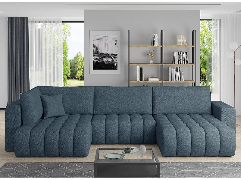Canapé panoramique convertible design capitonné tissu bleu d'hiver chiné méridienne droite Boston 350cm