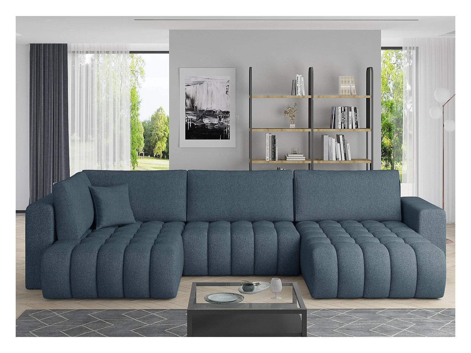 Canapé panoramique convertible design capitonné tissu bleu d'hiver chiné méridienne droite Boston 350cm