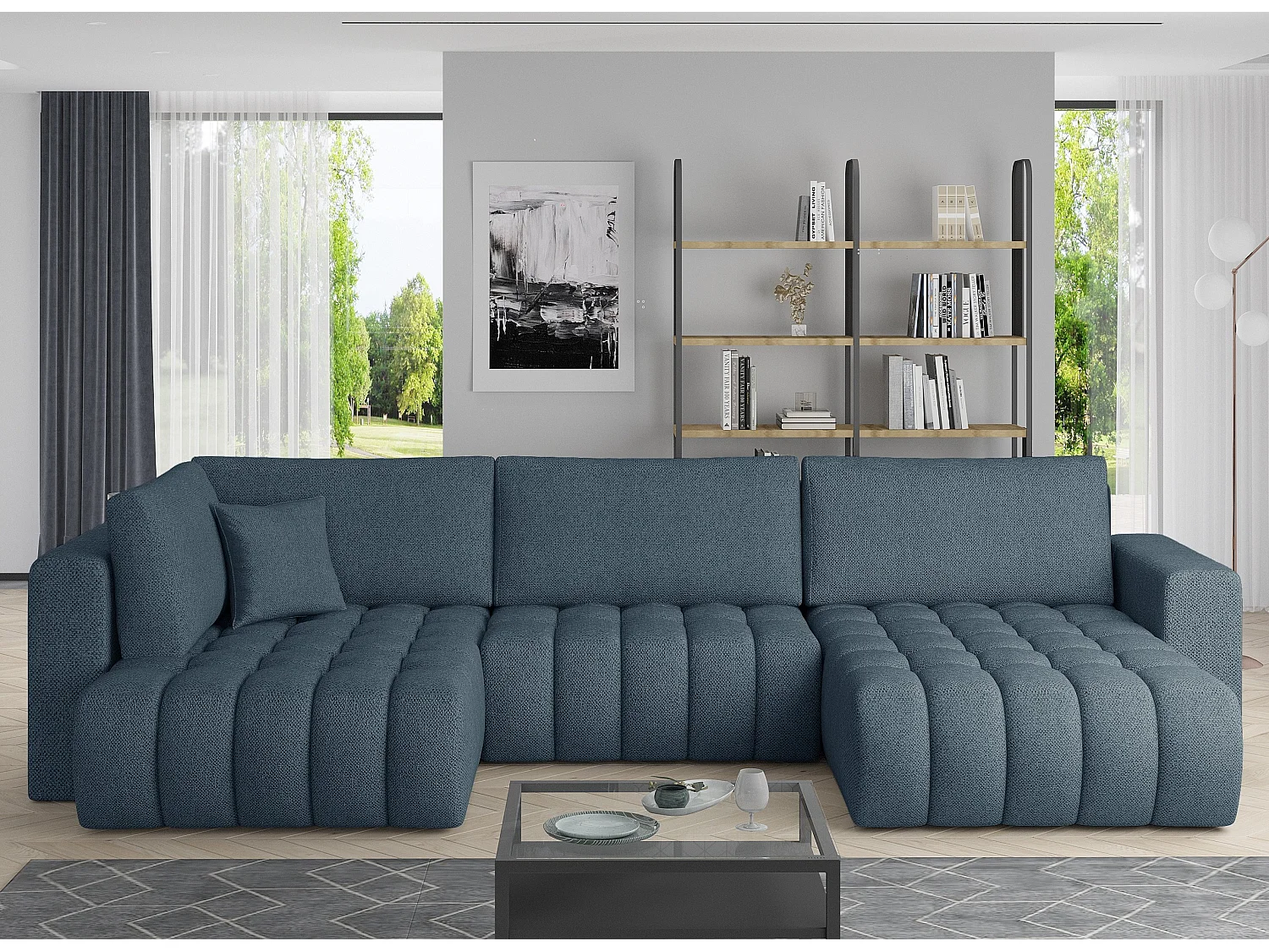 Panoramische converteerbare designbank bekleed met gevlekte winterblauwe stof met rechte chaise longue Boston 350 cm
