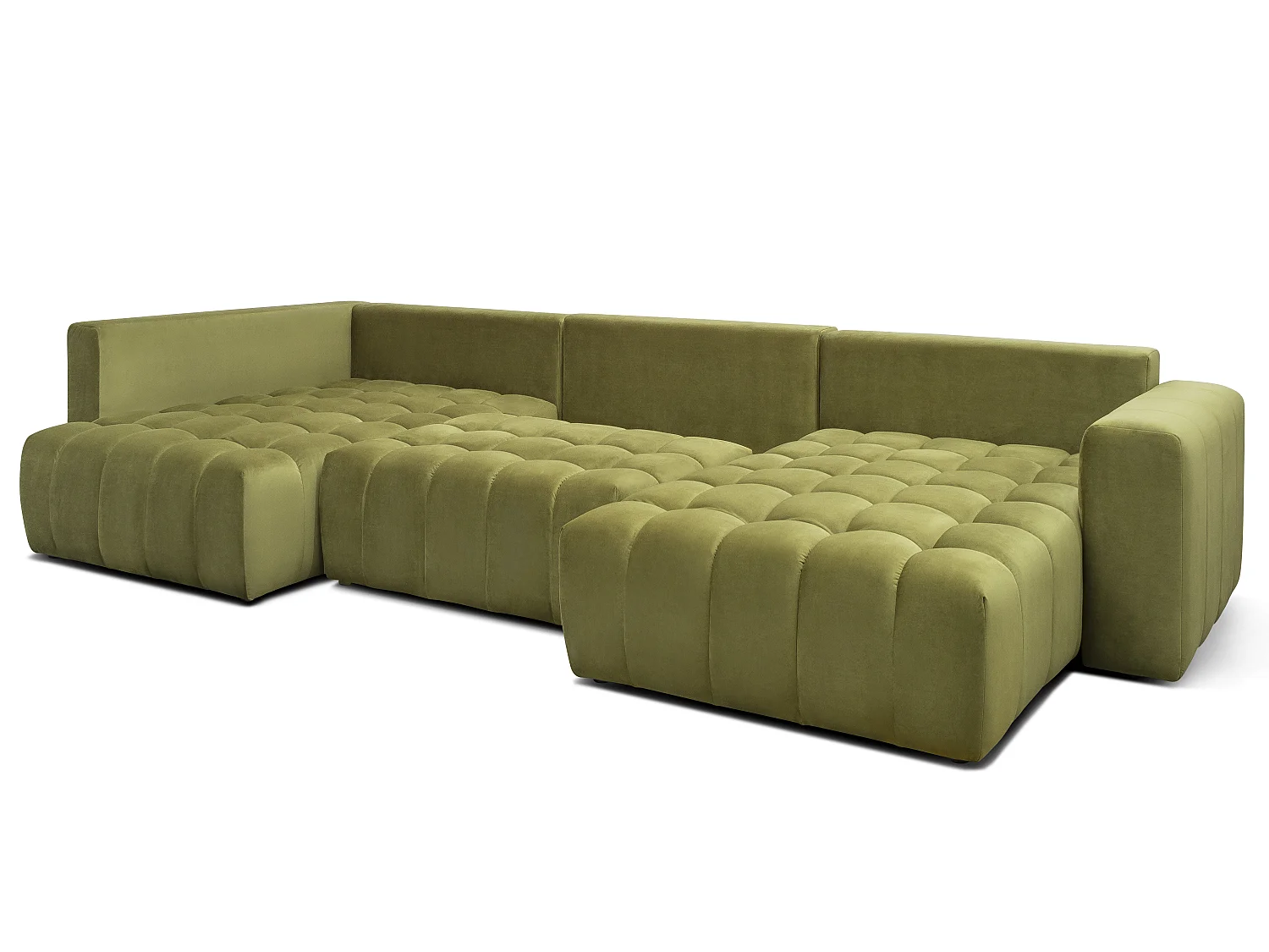 Canapé d'angle panoramique convertible 6 places en tissu capitonné bleu