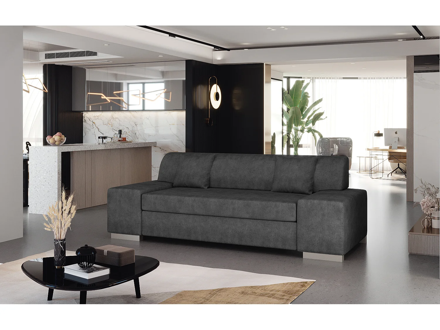 Canapé minimaliste 3-4 places tissu doux gris foncé Plazo 210cm