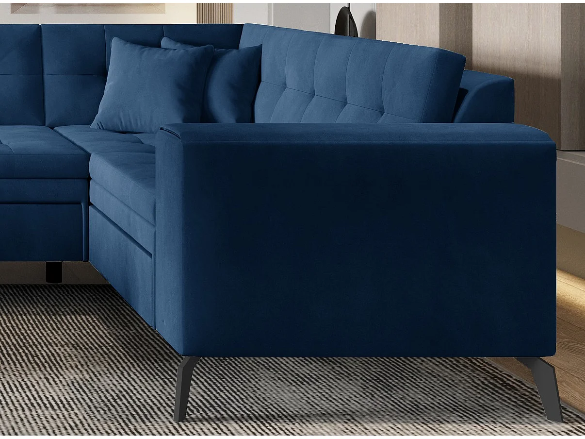 Canapé panoramique convertible gauche tissu doux brillant bleu matelassé Bonty 340cm