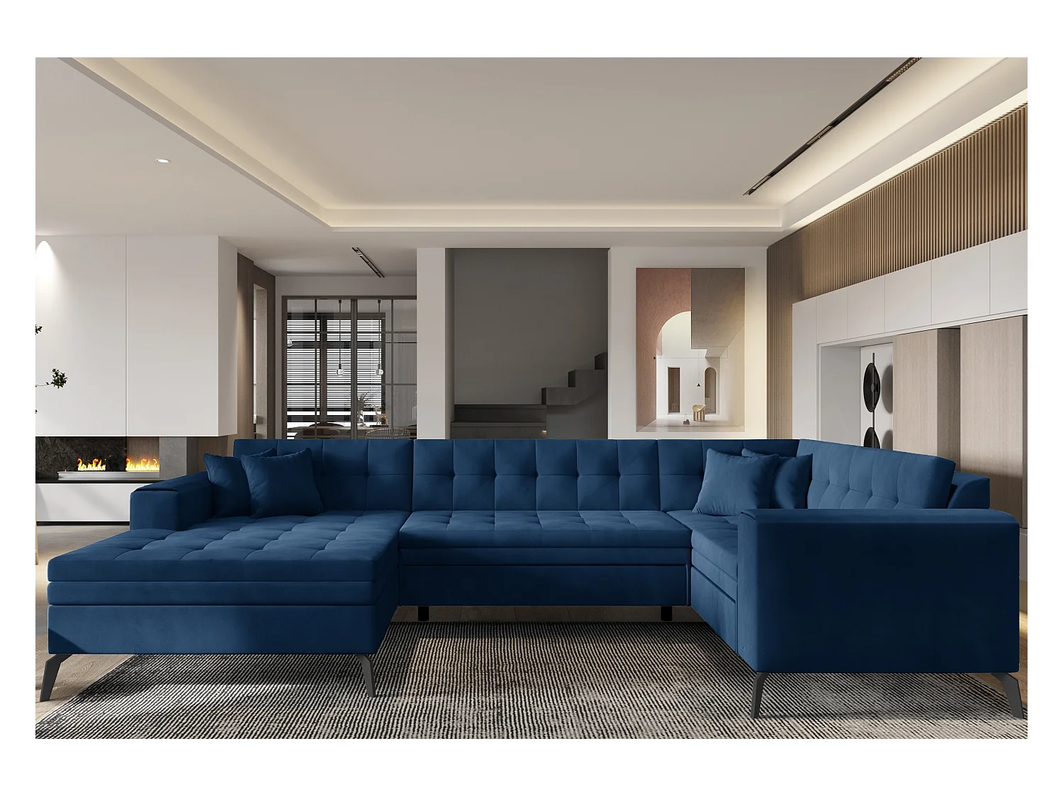 Canapé panoramique convertible gauche tissu doux brillant bleu matelassé Bonty 340cm