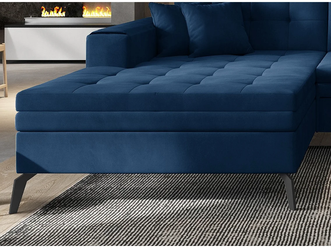 Canapé panoramique convertible gauche tissu doux brillant bleu matelassé Bonty 340cm