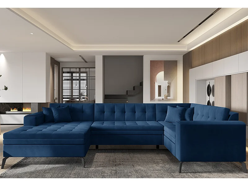 Canapé panoramique convertible gauche tissu doux brillant bleu matelassé Bonty 340cm