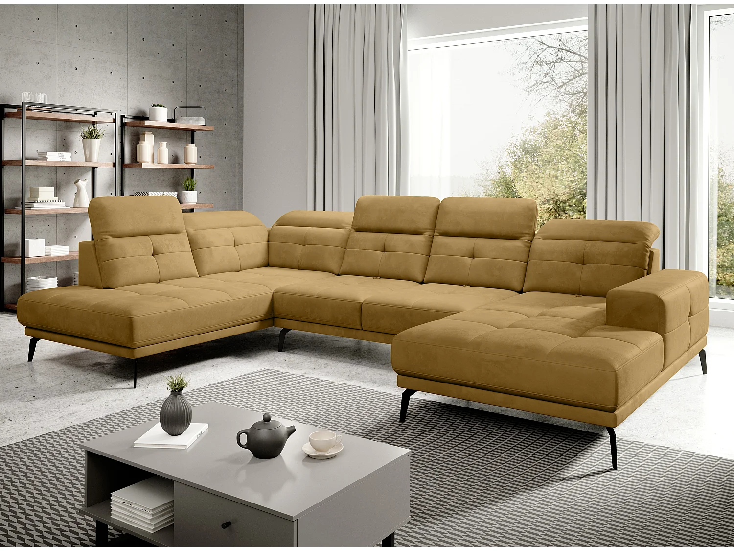 Canapé panoramique moderne tissu jaune têtières angle gauche Versus 350cm