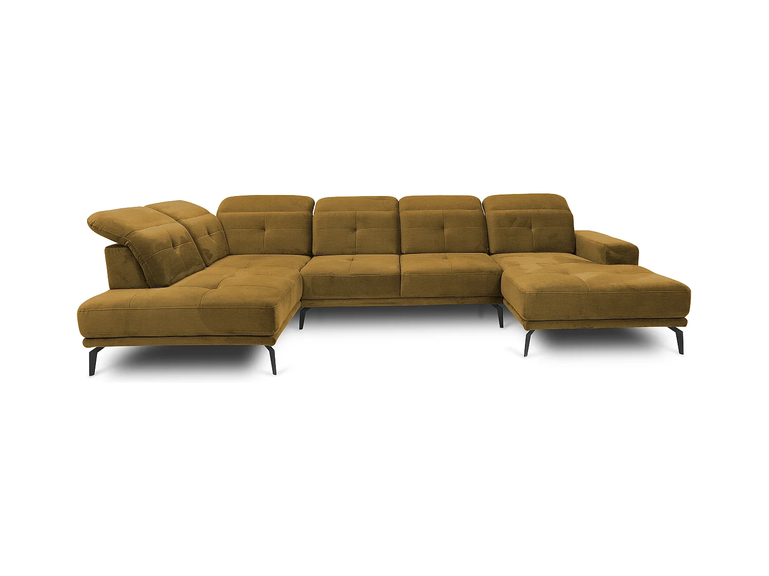 Canapé panoramique moderne tissu jaune têtières angle gauche Versus 350cm