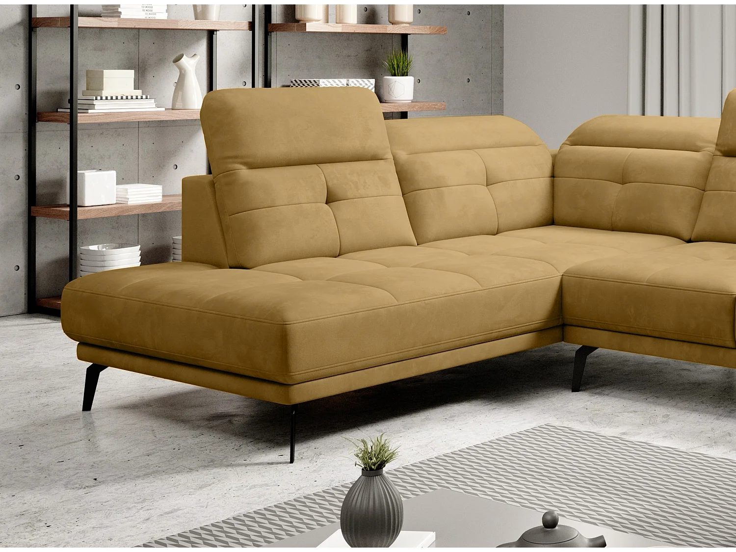 Canapé panoramique moderne tissu jaune têtières angle gauche Versus 350cm