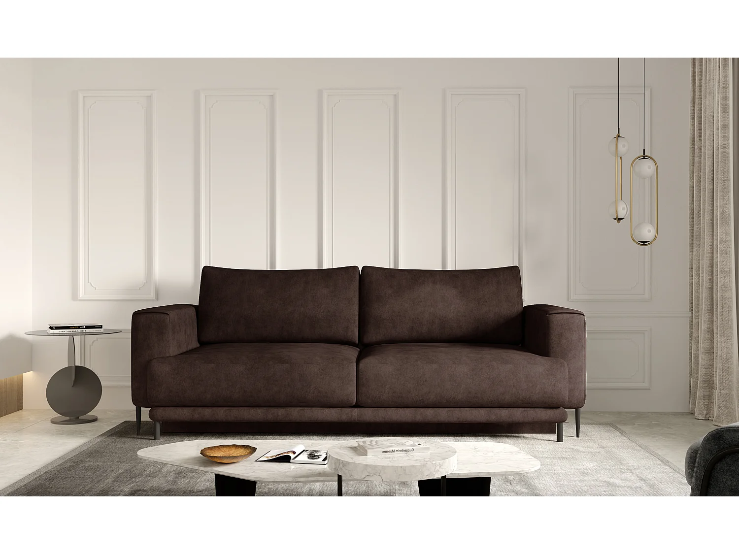 Canapé droit convertible coffre tissu DAVINA - Pieds métal noir-Marron vintage