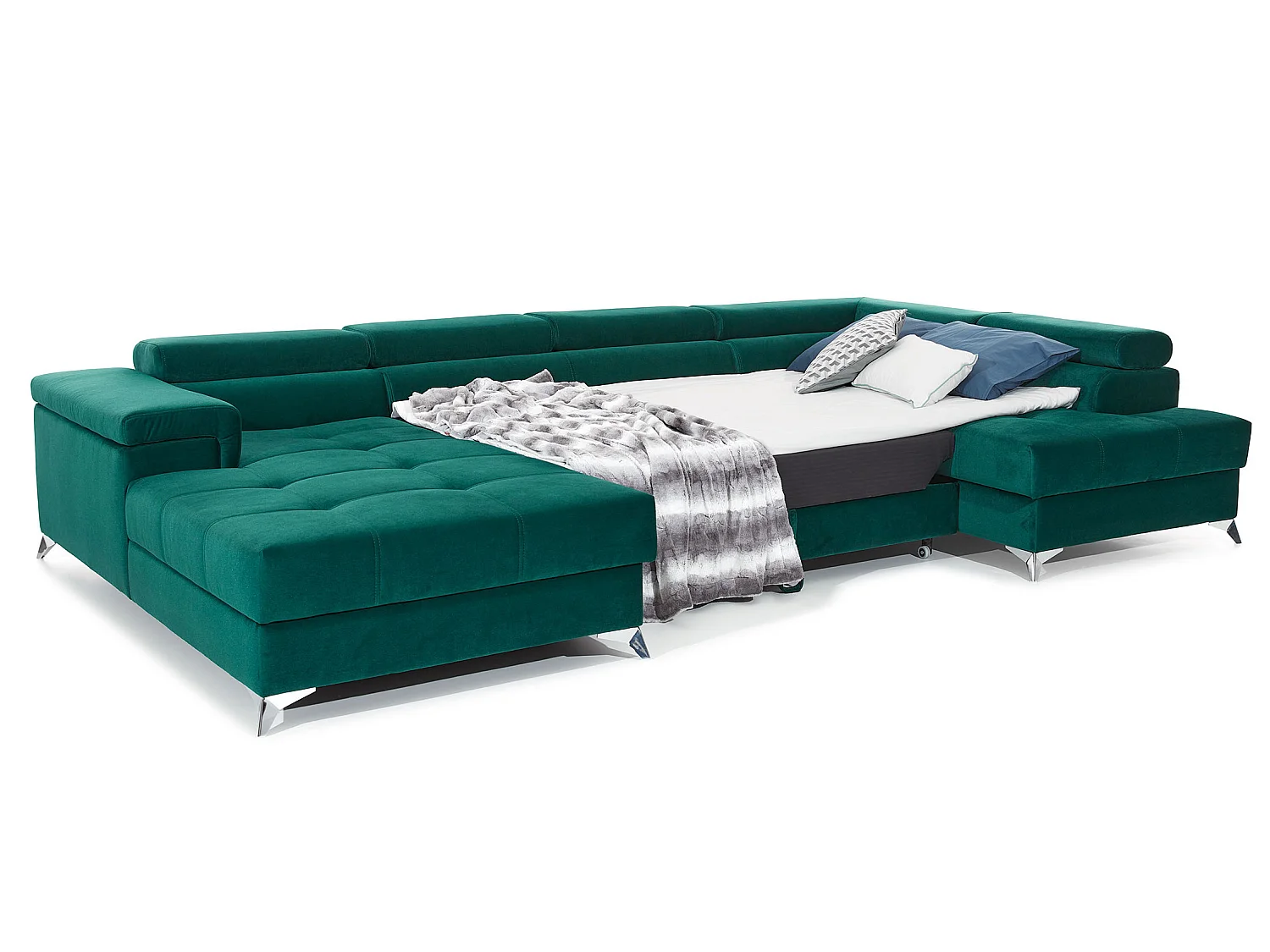 Canapé panoramique tissu gris clair coffre de rangement à droite Kutty 345cm