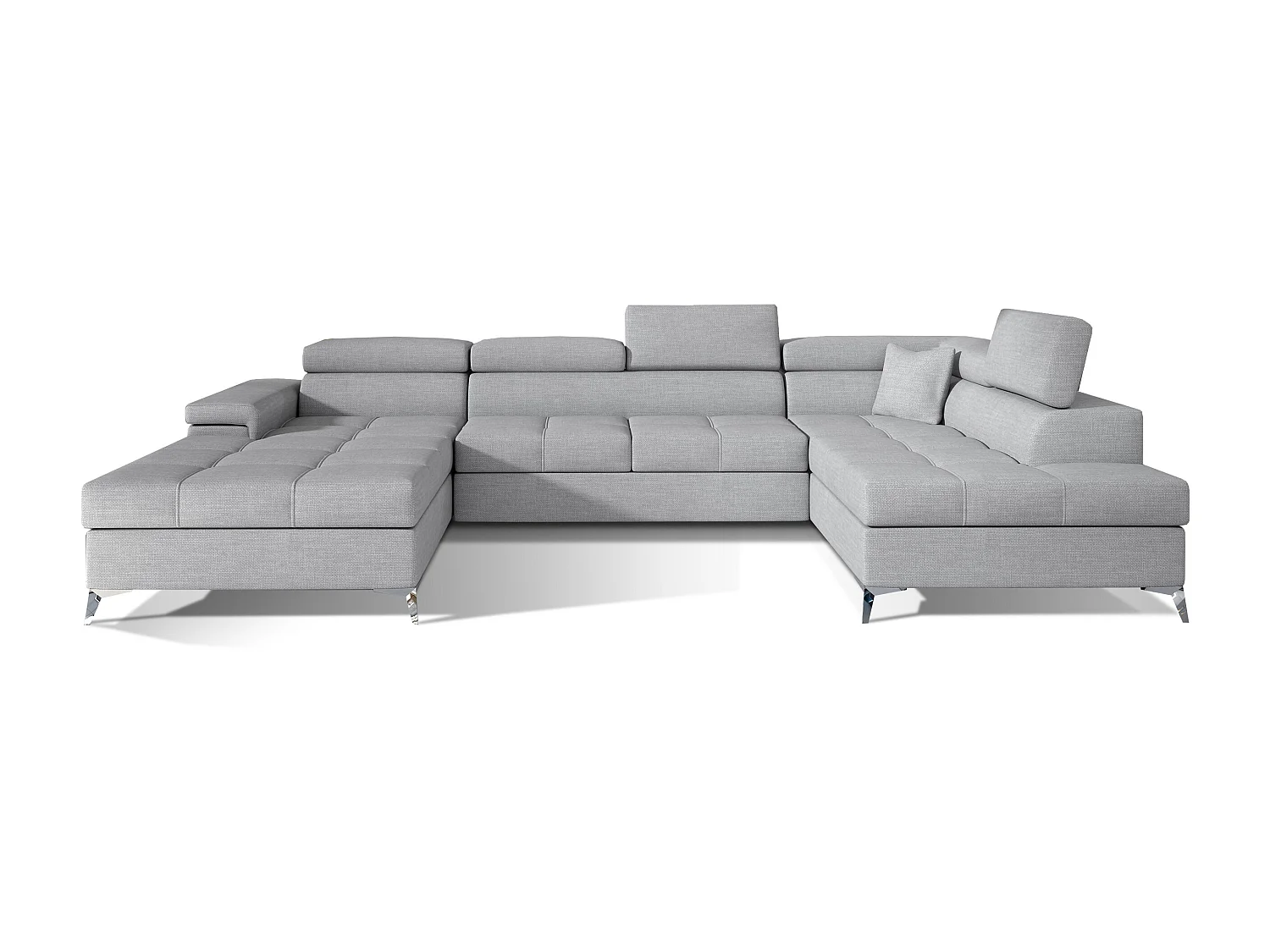 Canapé panoramique tissu gris clair coffre de rangement à droite Kutty 345cm