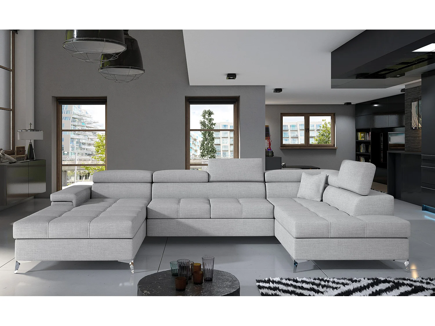 Canapé panoramique tissu gris clair coffre de rangement à droite Kutty 345cm